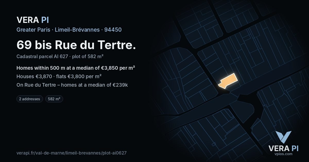 69 bis Rue du Tertre, Limeil-Brévannes at night – the plot lit, the parcels around coloured by the prices near them