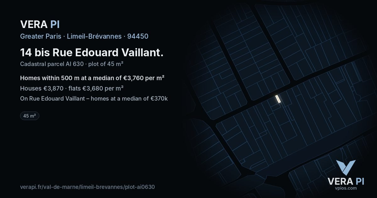 14 bis Rue Edouard Vaillant, Limeil-Brévannes at night – the plot lit, the parcels around coloured by the prices near them