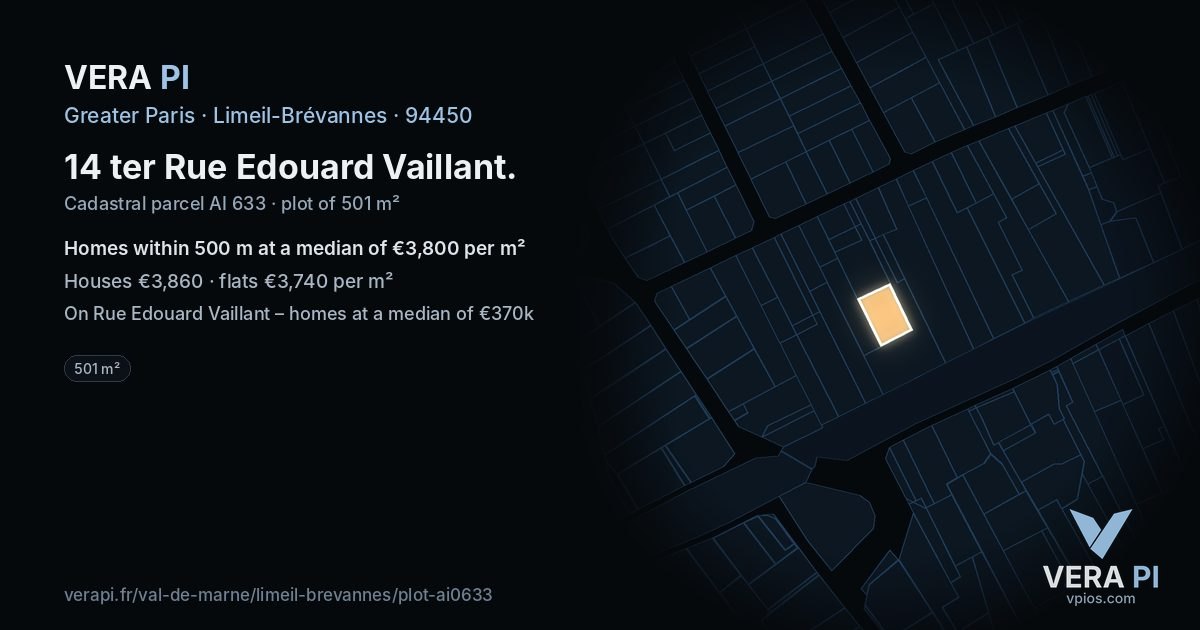 14 ter Rue Edouard Vaillant, Limeil-Brévannes at night – the plot lit, the parcels around coloured by the prices near them