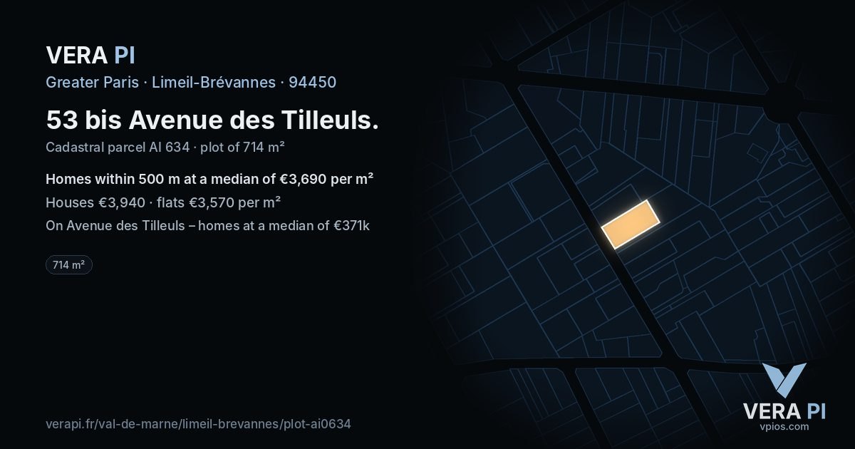 53 bis Avenue des Tilleuls, Limeil-Brévannes at night – the plot lit, the parcels around coloured by the prices near them