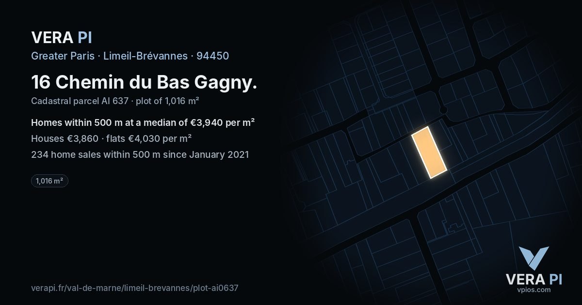 16 Chemin du Bas Gagny, Limeil-Brévannes at night – the plot lit, the parcels around coloured by the prices near them