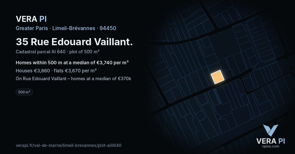35 Rue Edouard Vaillant, Limeil-Brévannes at night – the plot lit, the parcels around coloured by the prices near them