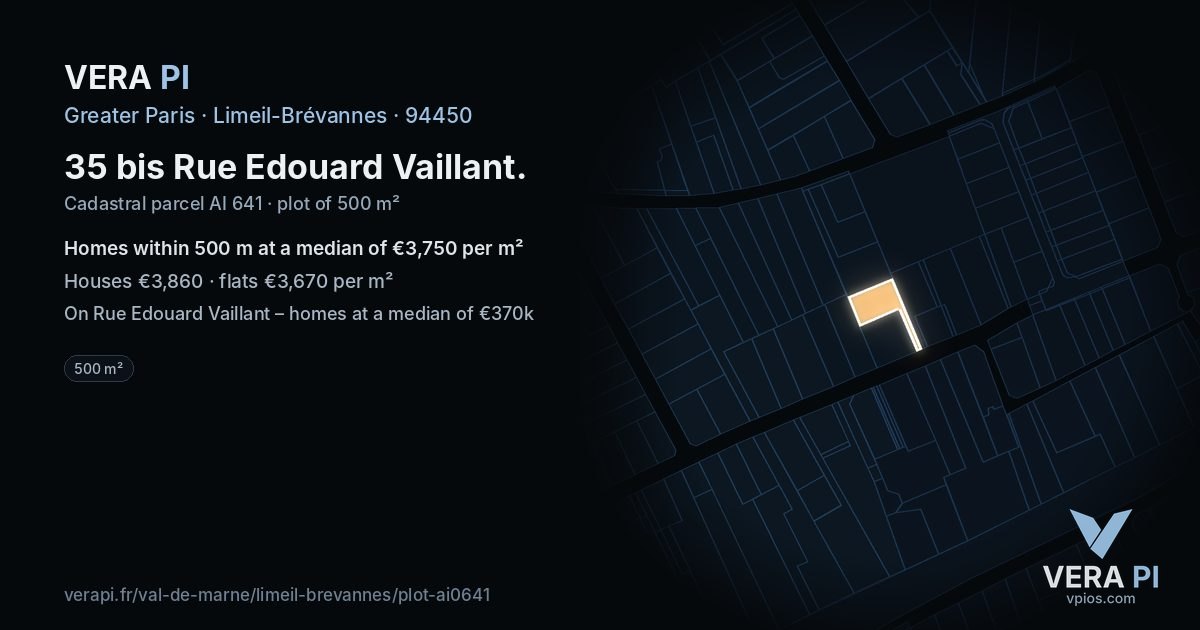 35 bis Rue Edouard Vaillant, Limeil-Brévannes at night – the plot lit, the parcels around coloured by the prices near them