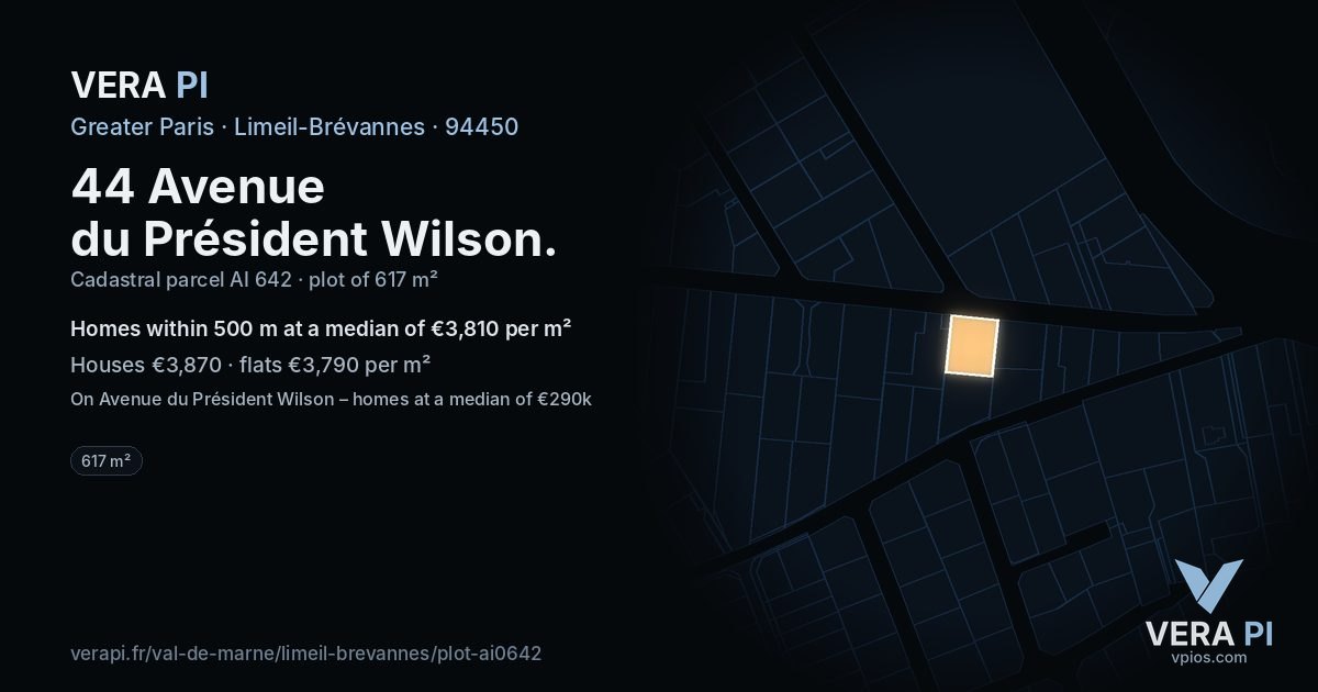 44 Avenue du Président Wilson, Limeil-Brévannes at night – the plot lit, the parcels around coloured by the prices near them