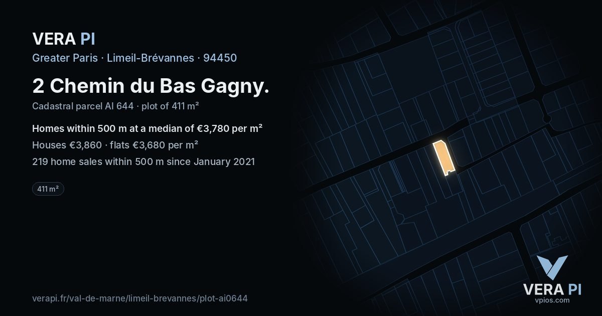 2 Chemin du Bas Gagny, Limeil-Brévannes at night – the plot lit, the parcels around coloured by the prices near them
