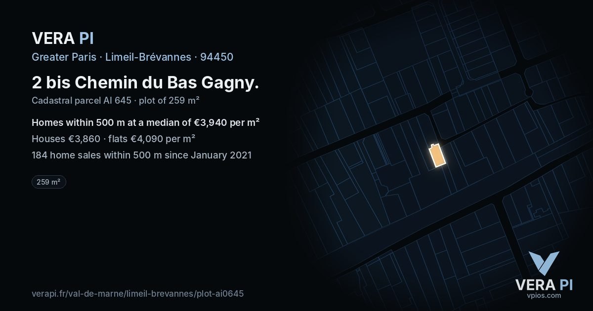 2 bis Chemin du Bas Gagny, Limeil-Brévannes at night – the plot lit, the parcels around coloured by the prices near them