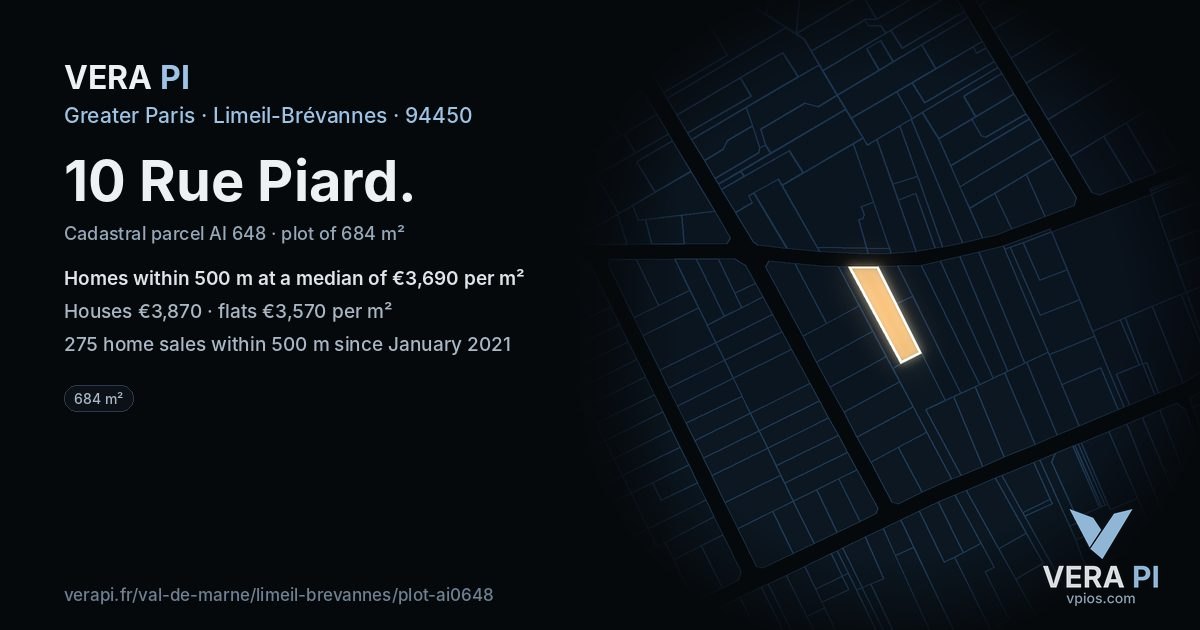 10 Rue Piard, Limeil-Brévannes at night – the plot lit, the parcels around coloured by the prices near them