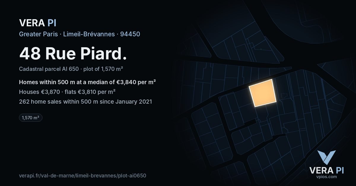 48 Rue Piard, Limeil-Brévannes at night – the plot lit, the parcels around coloured by the prices near them