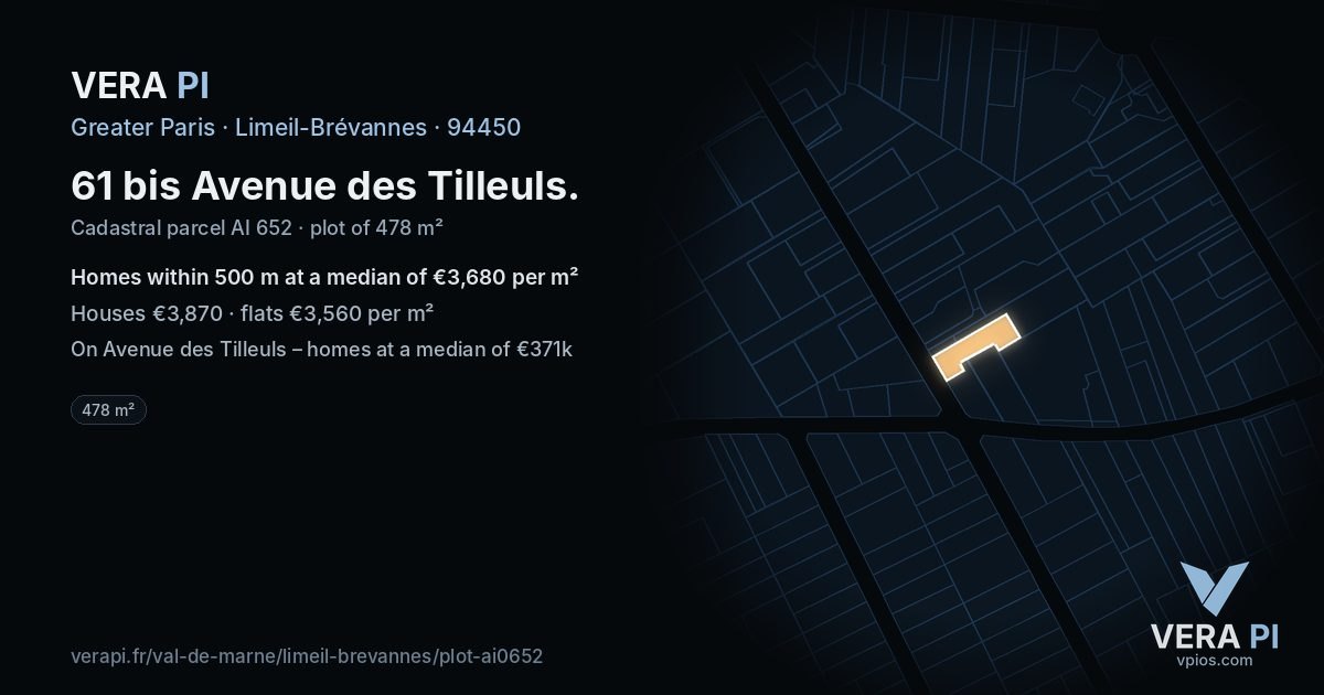 61 bis Avenue des Tilleuls, Limeil-Brévannes at night – the plot lit, the parcels around coloured by the prices near them