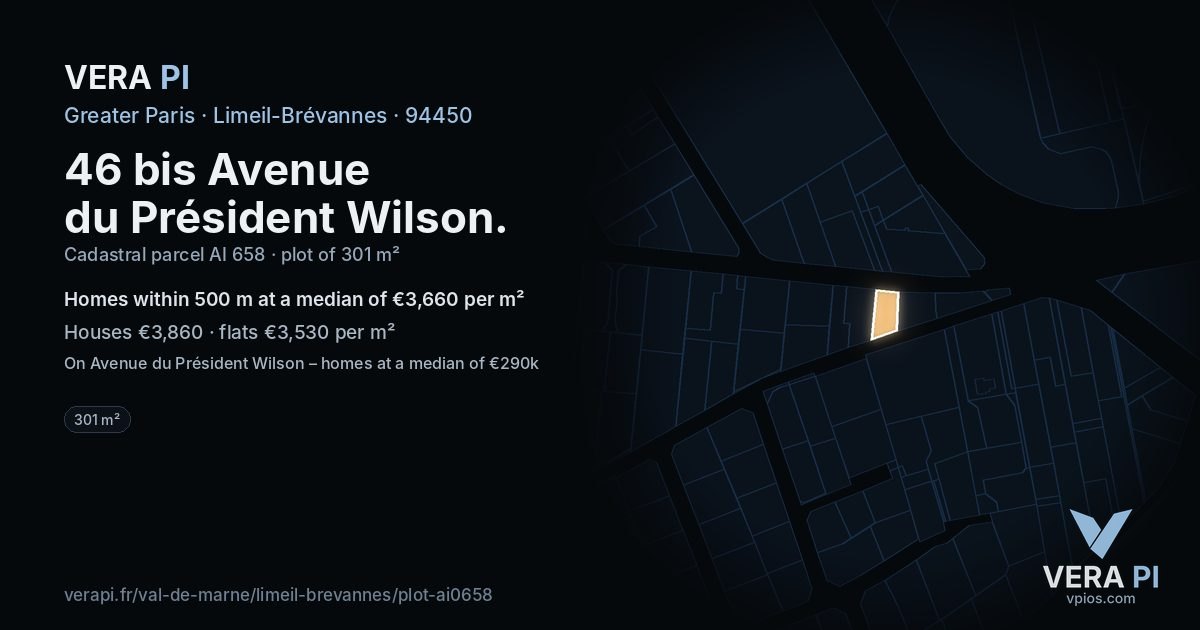 46 bis Avenue du Président Wilson, Limeil-Brévannes at night – the plot lit, the parcels around coloured by the prices near them