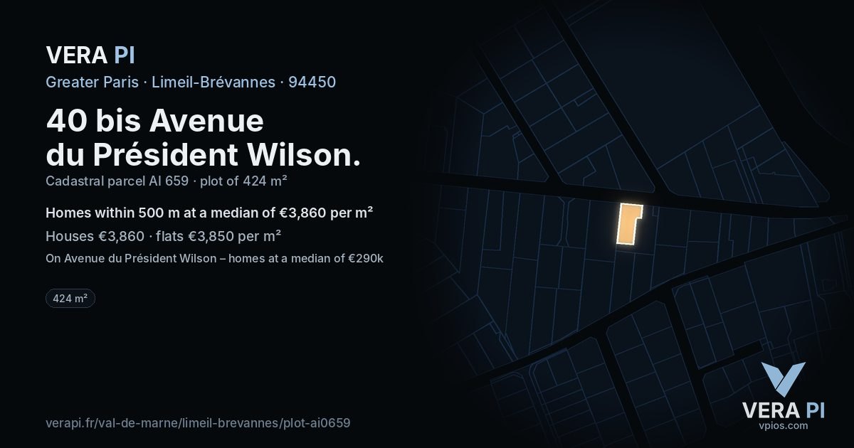 40 bis Avenue du Président Wilson, Limeil-Brévannes at night – the plot lit, the parcels around coloured by the prices near them