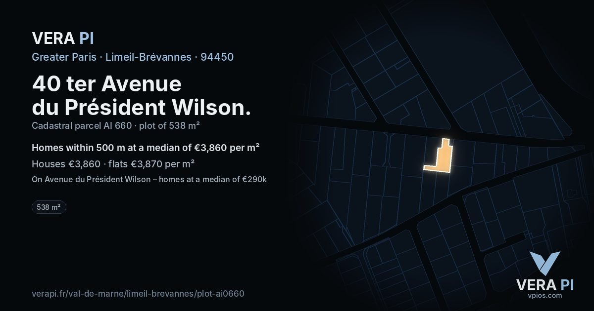 40 ter Avenue du Président Wilson, Limeil-Brévannes at night – the plot lit, the parcels around coloured by the prices near them