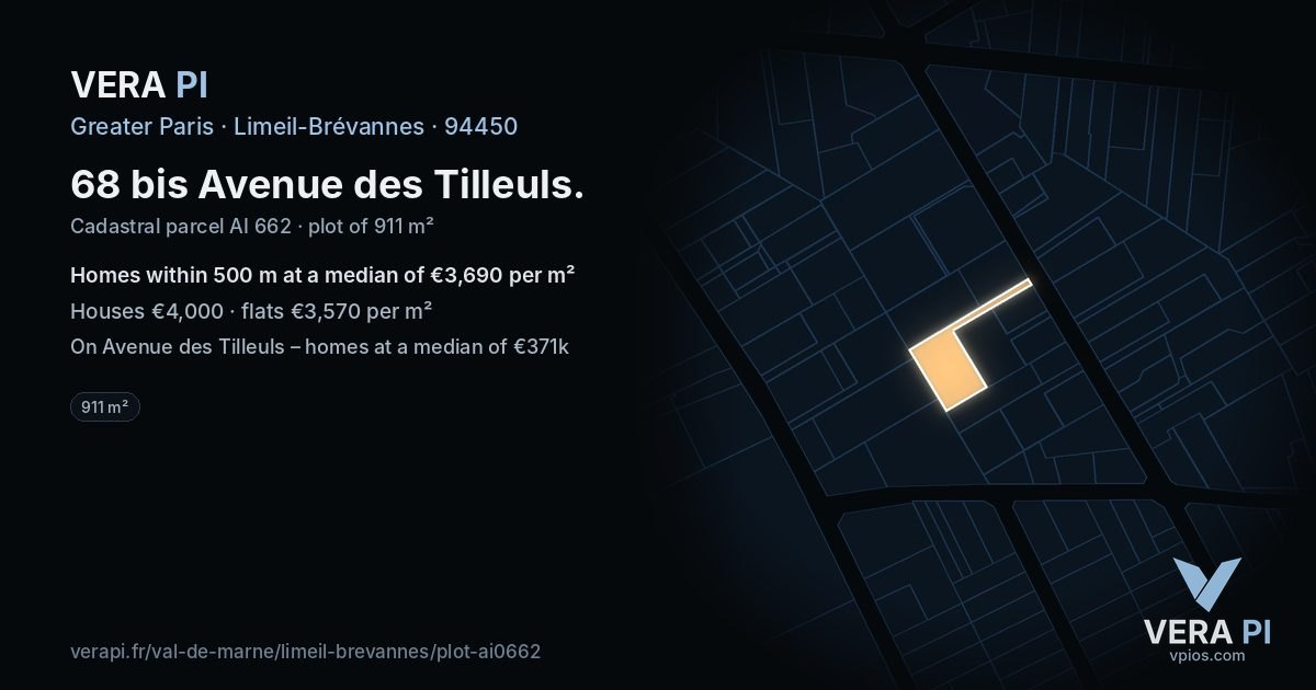 68 bis Avenue des Tilleuls, Limeil-Brévannes at night – the plot lit, the parcels around coloured by the prices near them