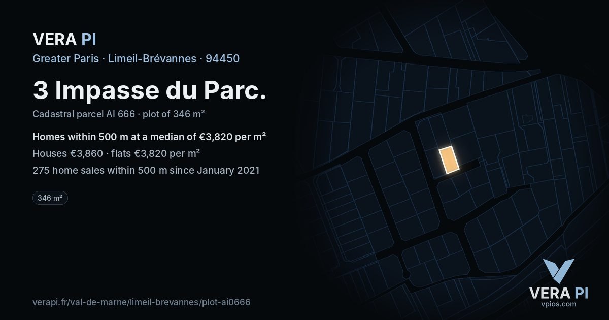 3 Impasse du Parc, Limeil-Brévannes at night – the plot lit, the parcels around coloured by the prices near them