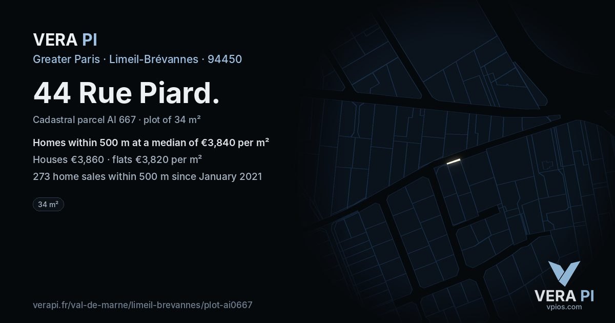 44 Rue Piard, Limeil-Brévannes at night – the plot lit, the parcels around coloured by the prices near them