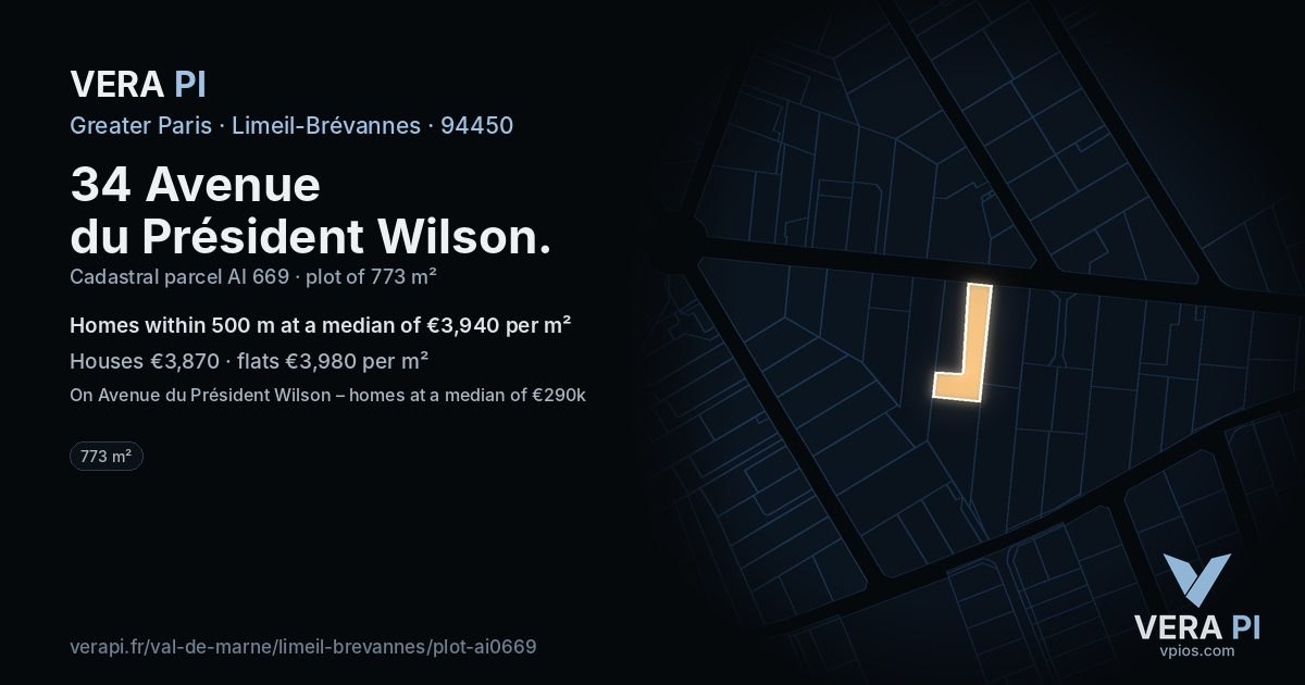 34 Avenue du Président Wilson, Limeil-Brévannes at night – the plot lit, the parcels around coloured by the prices near them
