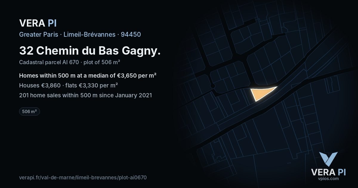 32 Chemin du Bas Gagny, Limeil-Brévannes at night – the plot lit, the parcels around coloured by the prices near them