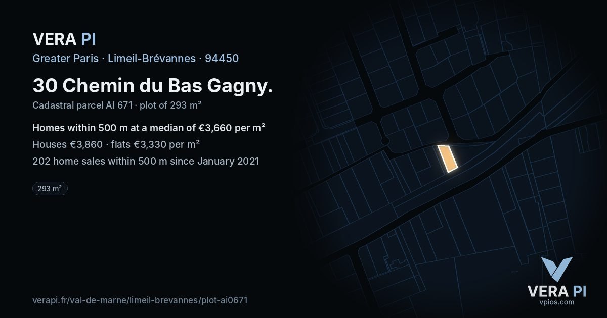 30 Chemin du Bas Gagny, Limeil-Brévannes at night – the plot lit, the parcels around coloured by the prices near them