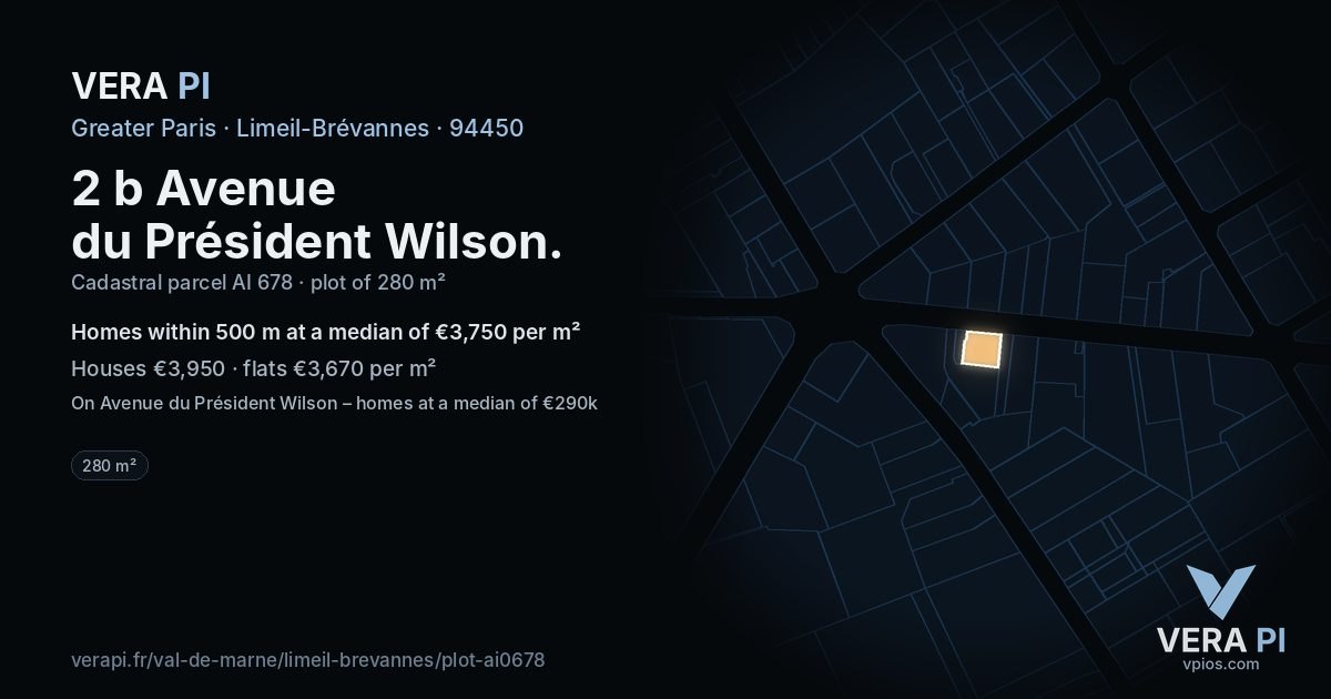 2 b Avenue du Président Wilson, Limeil-Brévannes at night – the plot lit, the parcels around coloured by the prices near them