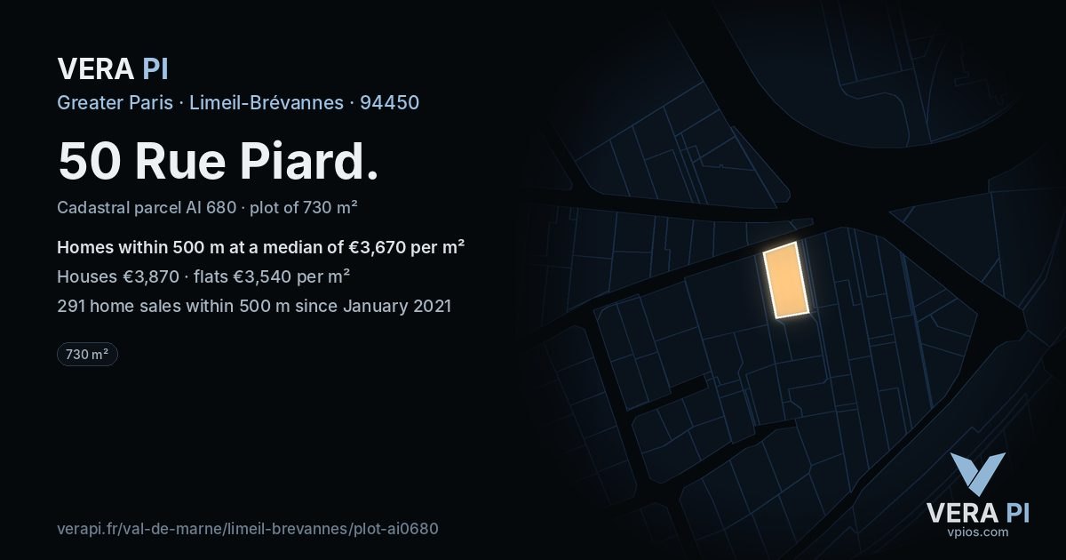 50 Rue Piard, Limeil-Brévannes at night – the plot lit, the parcels around coloured by the prices near them