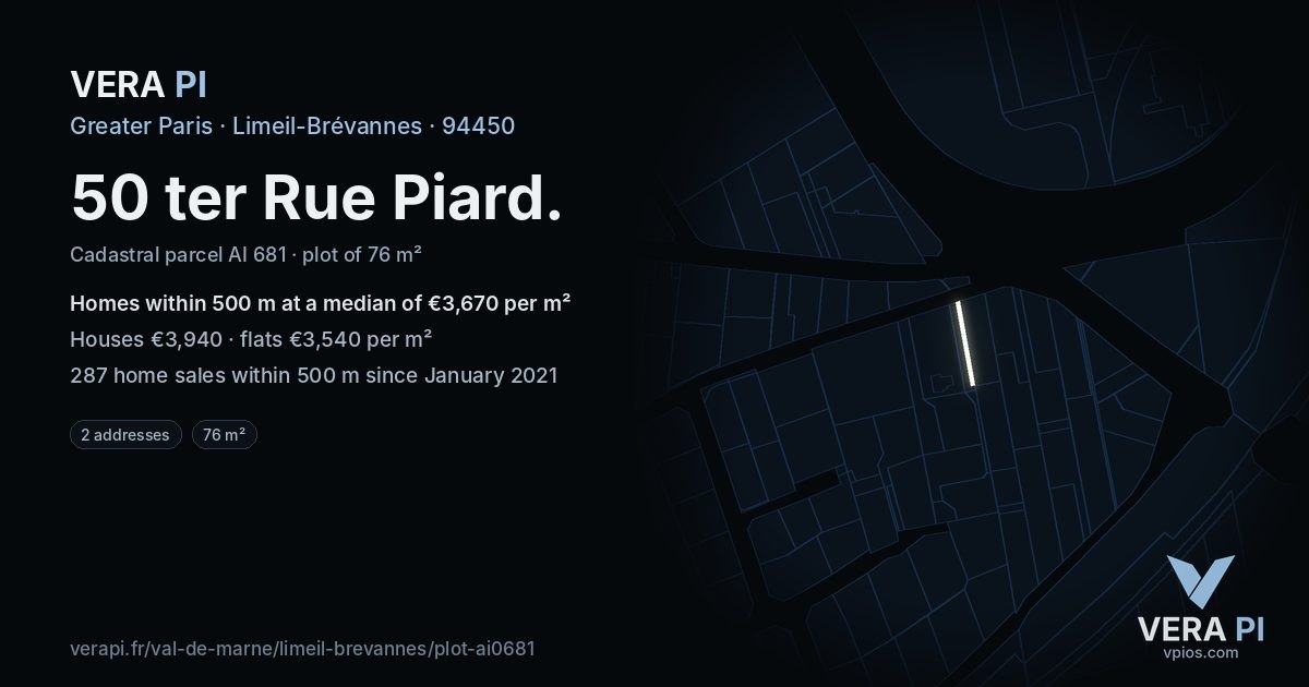 50 ter Rue Piard, Limeil-Brévannes at night – the plot lit, the parcels around coloured by the prices near them