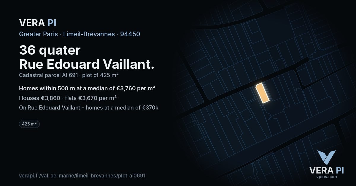 36 quater Rue Edouard Vaillant, Limeil-Brévannes at night – the plot lit, the parcels around coloured by the prices near them
