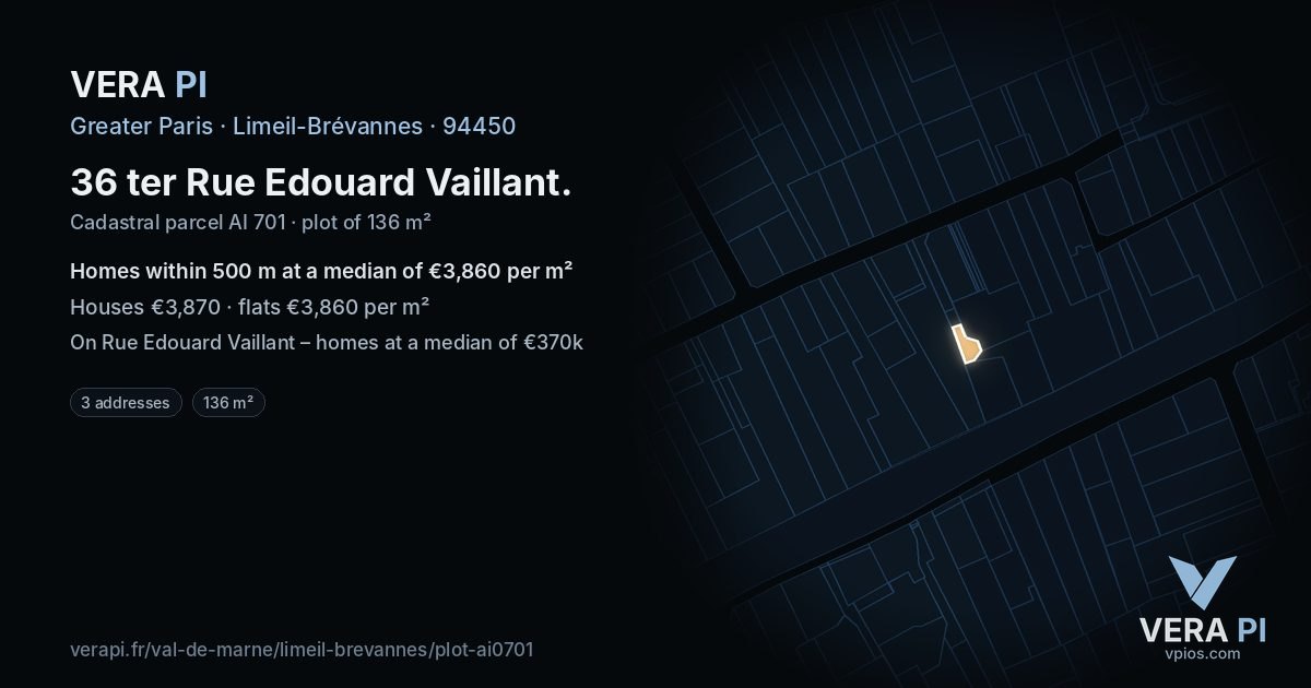 36 ter Rue Edouard Vaillant, Limeil-Brévannes at night – the plot lit, the parcels around coloured by the prices near them