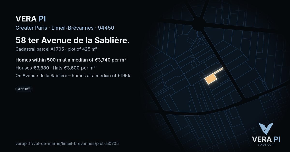 58 ter Avenue de la Sablière, Limeil-Brévannes at night – the plot lit, the parcels around coloured by the prices near them