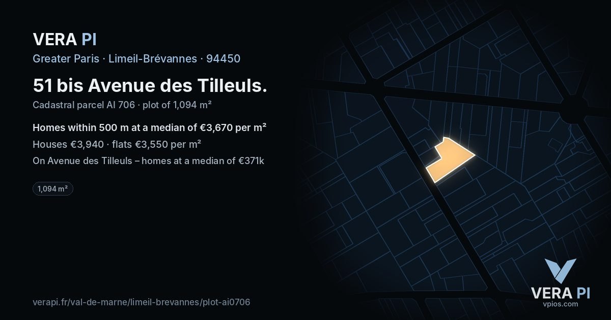 51 bis Avenue des Tilleuls, Limeil-Brévannes at night – the plot lit, the parcels around coloured by the prices near them