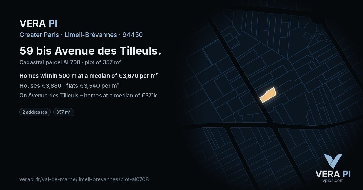 59 bis Avenue des Tilleuls, Limeil-Brévannes at night – the plot lit, the parcels around coloured by the prices near them