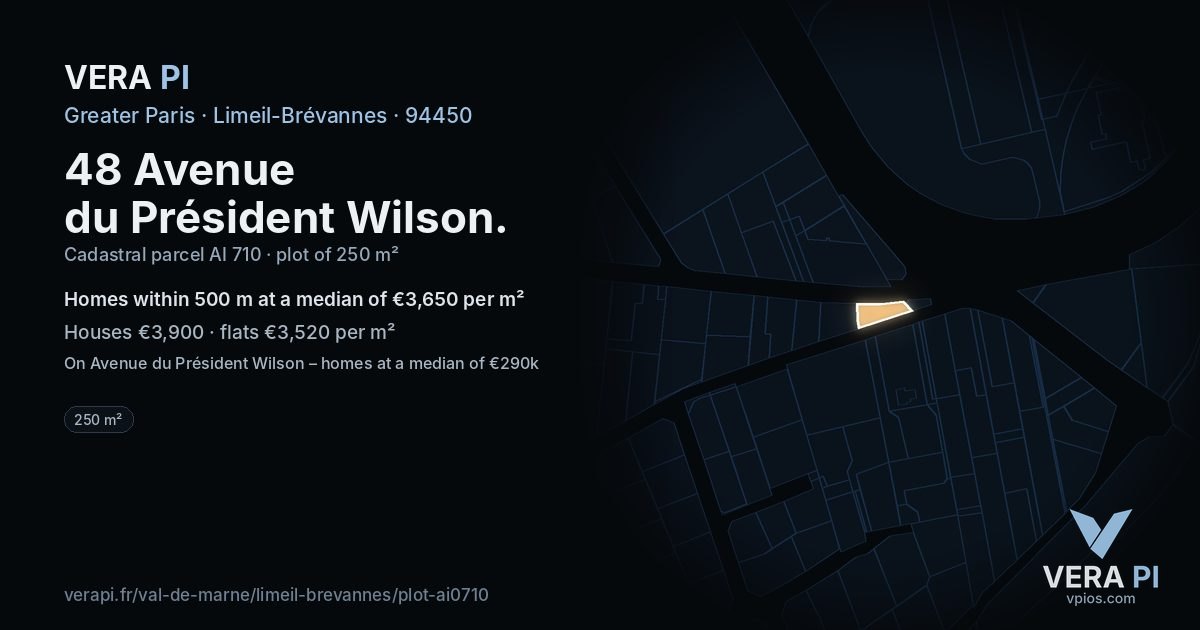48 Avenue du Président Wilson, Limeil-Brévannes at night – the plot lit, the parcels around coloured by the prices near them