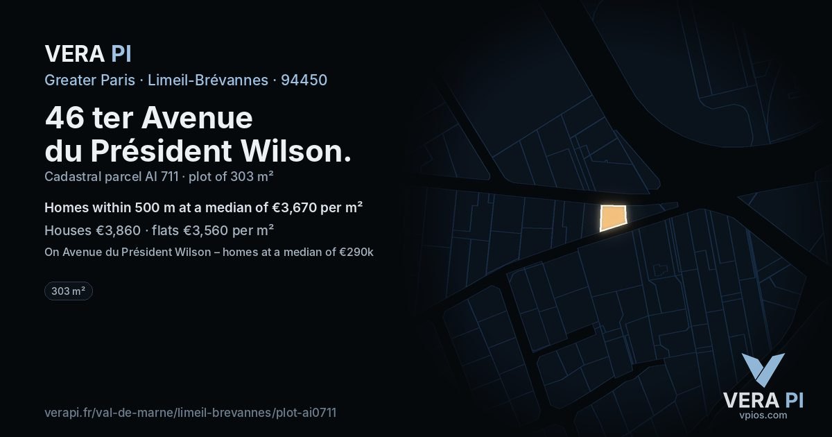 46 ter Avenue du Président Wilson, Limeil-Brévannes at night – the plot lit, the parcels around coloured by the prices near them