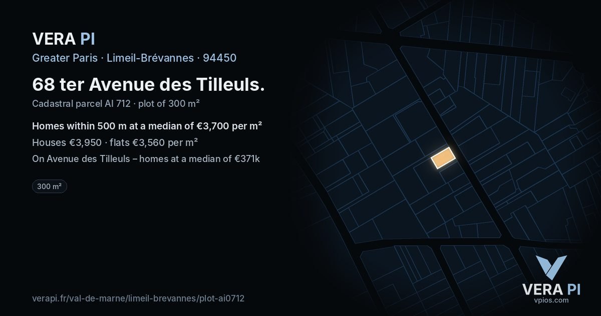 68 ter Avenue des Tilleuls, Limeil-Brévannes at night – the plot lit, the parcels around coloured by the prices near them