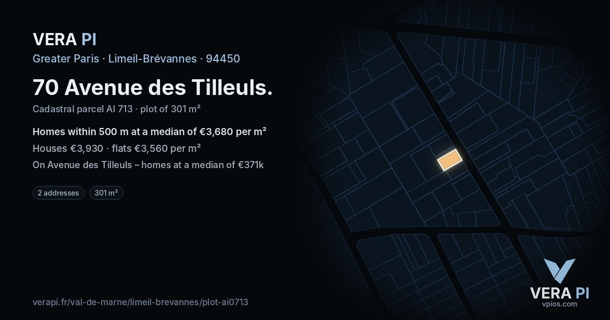 70 Avenue des Tilleuls, Limeil-Brévannes at night – the plot lit, the parcels around coloured by the prices near them