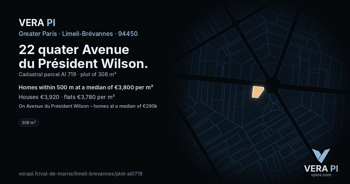 22 quater Avenue du Président Wilson, Limeil-Brévannes at night – the plot lit, the parcels around coloured by the prices near them