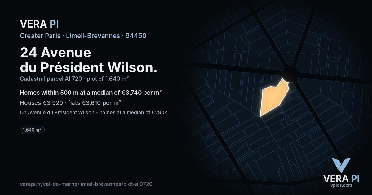 24 Avenue du Président Wilson, Limeil-Brévannes at night – the plot lit, the parcels around coloured by the prices near them