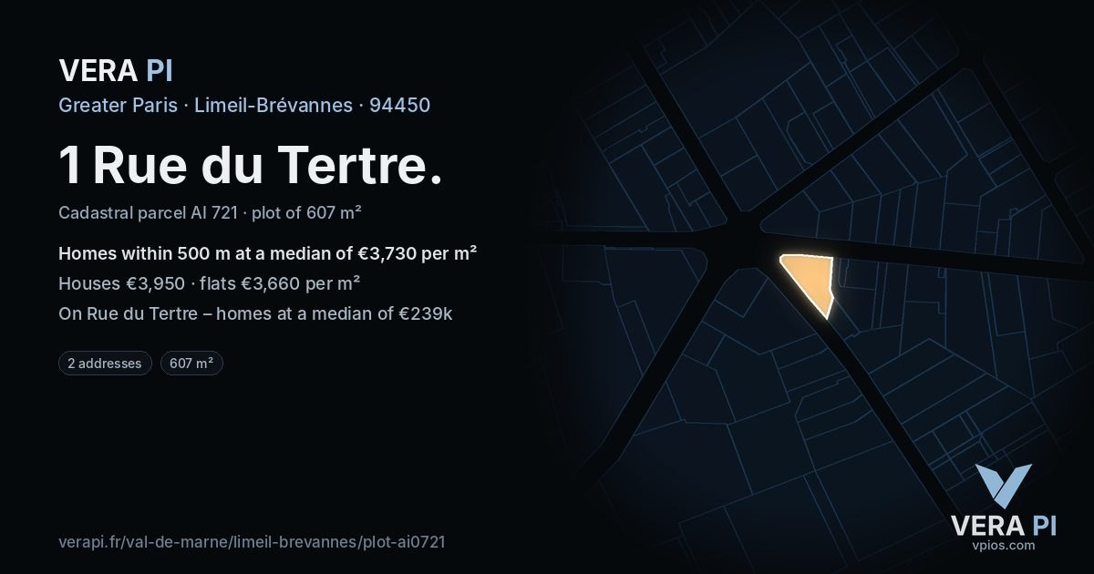1 Rue du Tertre, Limeil-Brévannes at night – the plot lit, the parcels around coloured by the prices near them