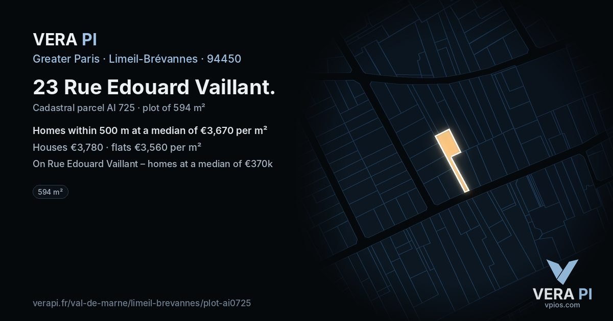 23 Rue Edouard Vaillant, Limeil-Brévannes at night – the plot lit, the parcels around coloured by the prices near them