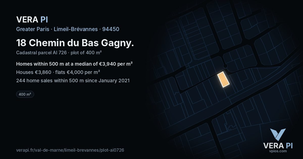 18 Chemin du Bas Gagny, Limeil-Brévannes at night – the plot lit, the parcels around coloured by the prices near them