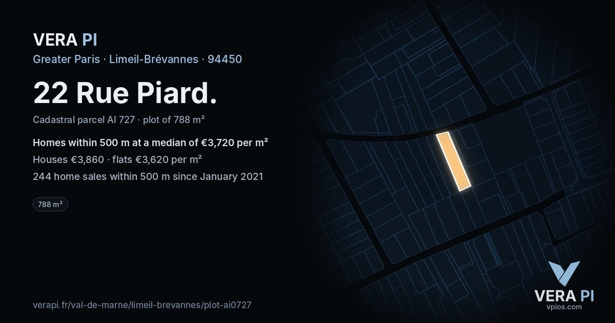 22 Rue Piard, Limeil-Brévannes at night – the plot lit, the parcels around coloured by the prices near them