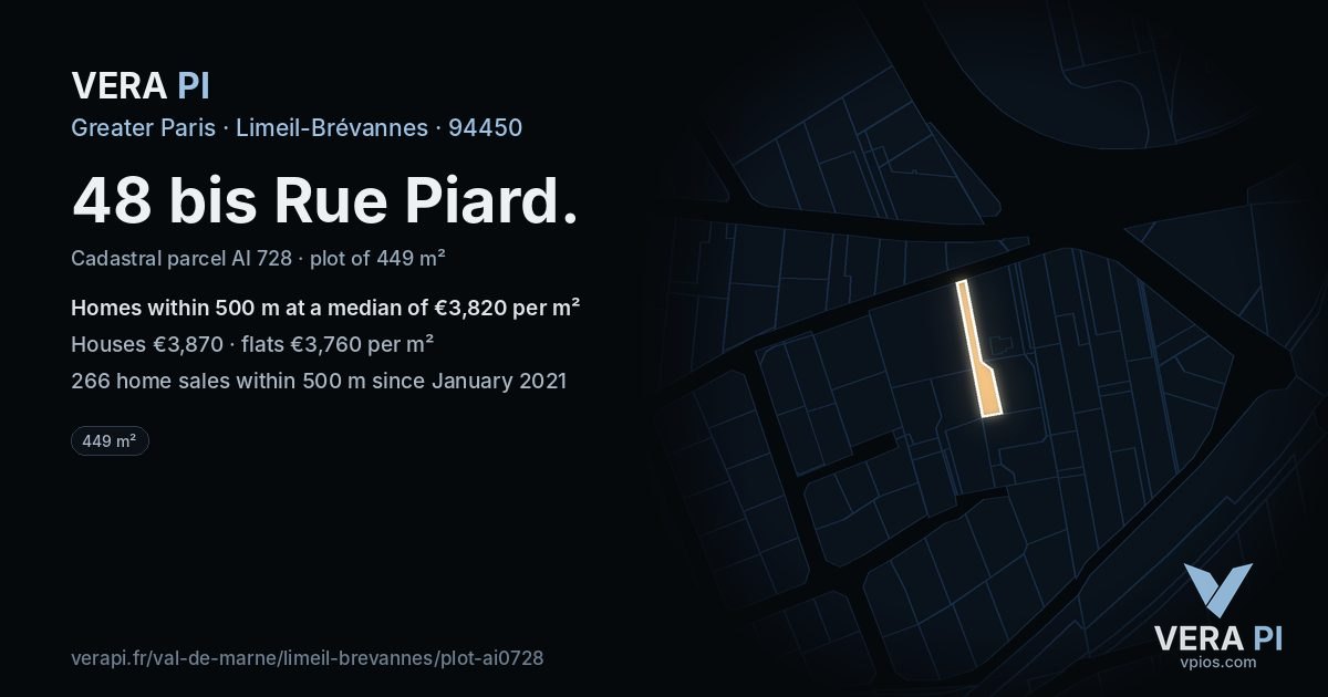 48 bis Rue Piard, Limeil-Brévannes at night – the plot lit, the parcels around coloured by the prices near them
