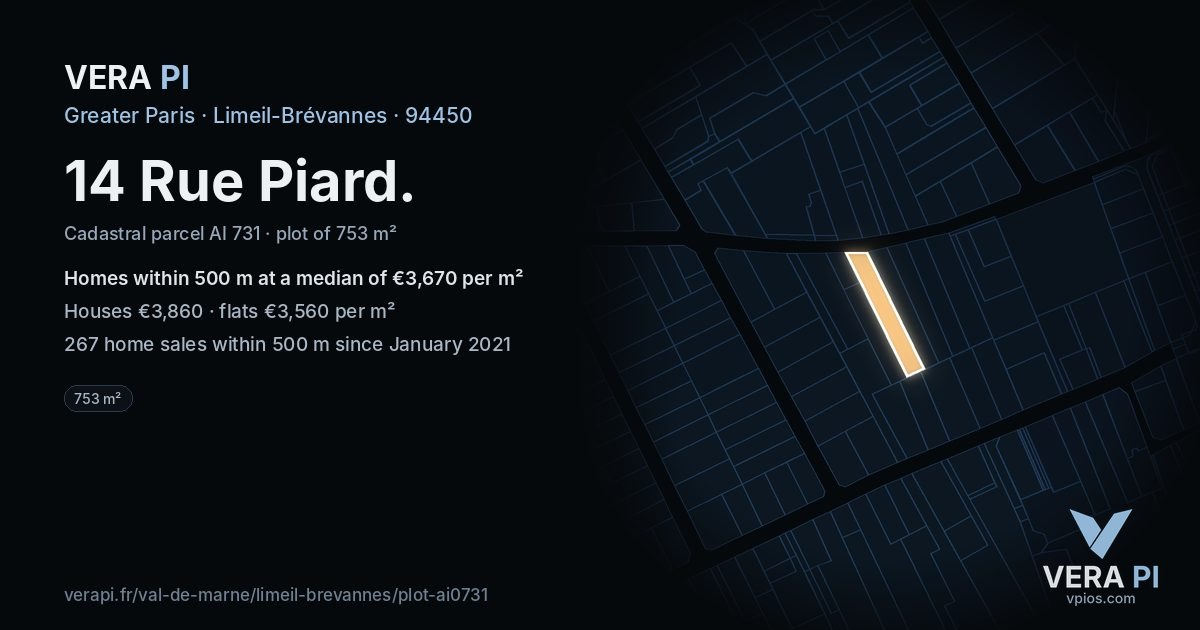 14 Rue Piard, Limeil-Brévannes at night – the plot lit, the parcels around coloured by the prices near them