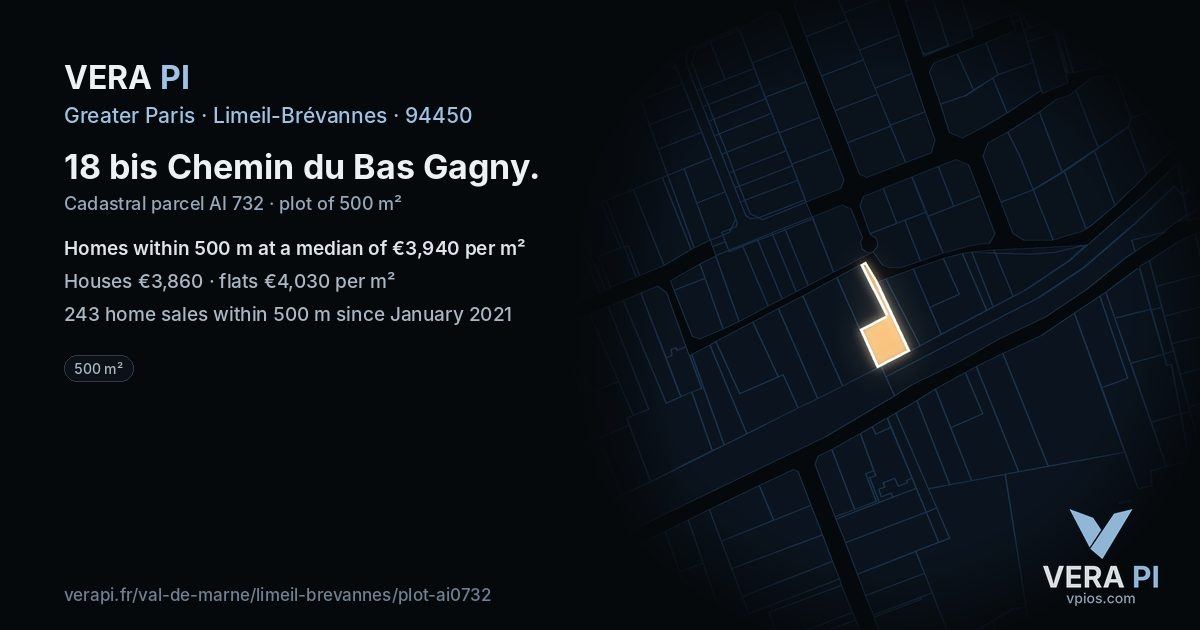 18 bis Chemin du Bas Gagny, Limeil-Brévannes at night – the plot lit, the parcels around coloured by the prices near them