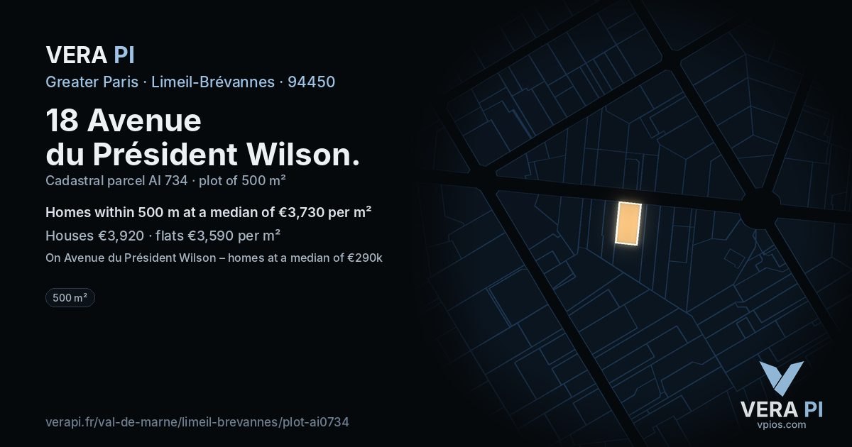 18 Avenue du Président Wilson, Limeil-Brévannes at night – the plot lit, the parcels around coloured by the prices near them