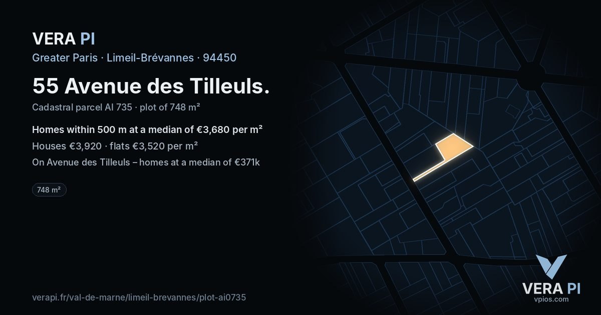 55 Avenue des Tilleuls, Limeil-Brévannes at night – the plot lit, the parcels around coloured by the prices near them