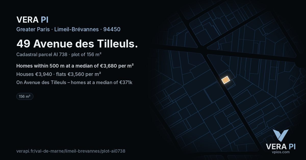 49 Avenue des Tilleuls, Limeil-Brévannes at night – the plot lit, the parcels around coloured by the prices near them