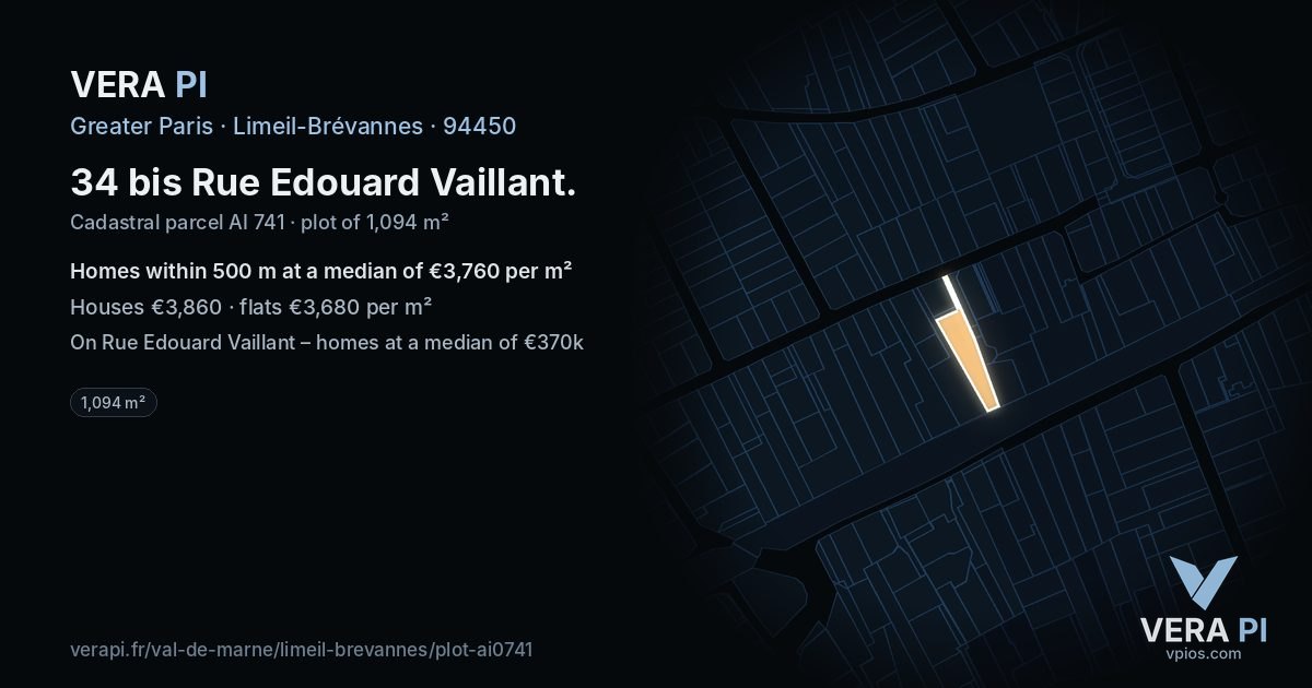 34 bis Rue Edouard Vaillant, Limeil-Brévannes at night – the plot lit, the parcels around coloured by the prices near them