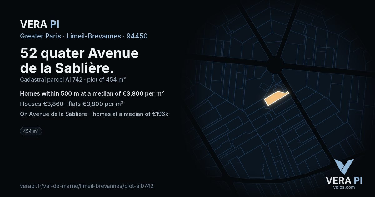 52 quater Avenue de la Sablière, Limeil-Brévannes at night – the plot lit, the parcels around coloured by the prices near them