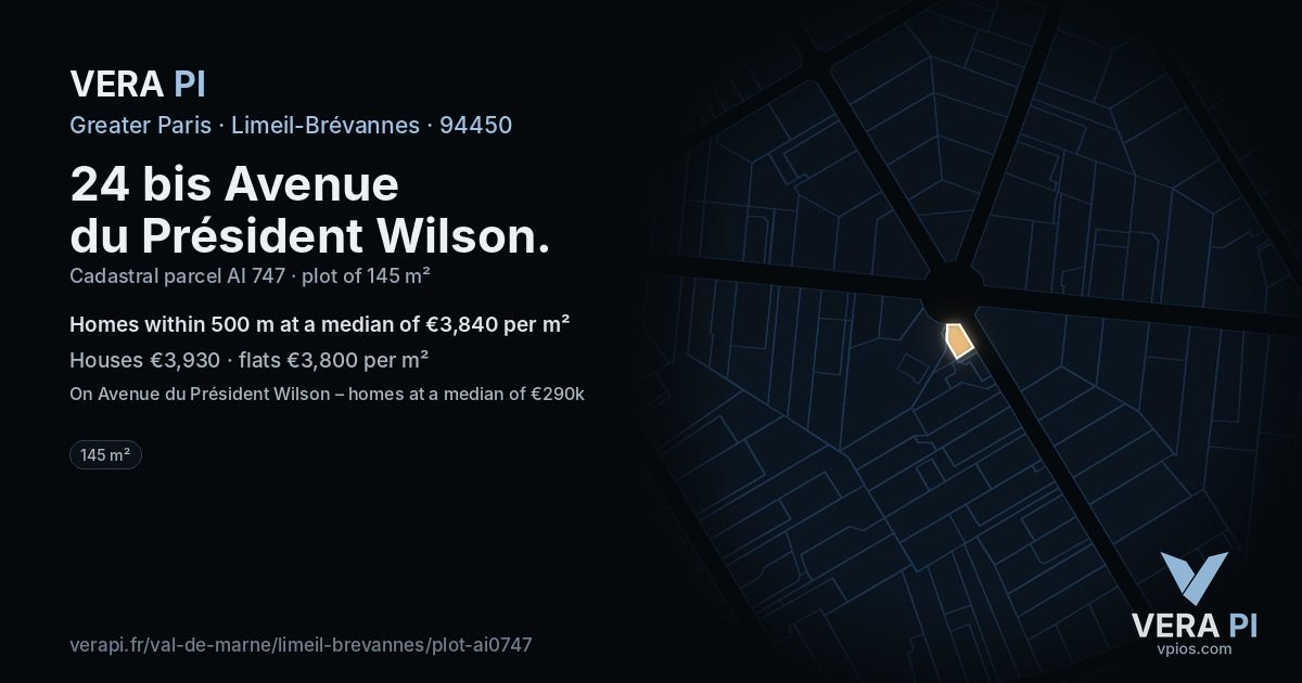 24 bis Avenue du Président Wilson, Limeil-Brévannes at night – the plot lit, the parcels around coloured by the prices near them