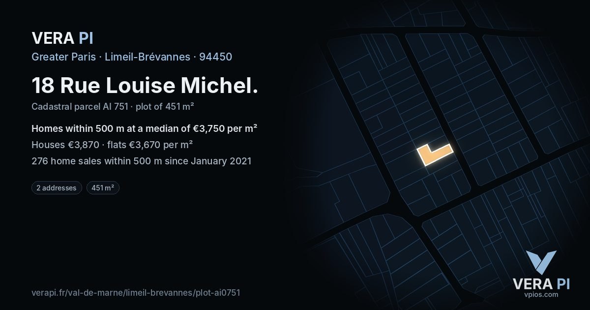 18 Rue Louise Michel, Limeil-Brévannes at night – the plot lit, the parcels around coloured by the prices near them